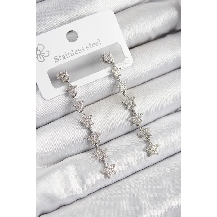 Pirinç Zirkon Taşlı Sallantılı Yıldız Model Gümüş Renk Kadın Küpe