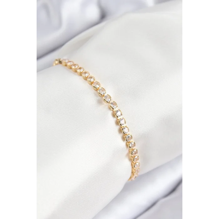 Pirinç Zirkon Taşlı Sıralı Model Gold Renk Asansörlü Kadın Bileklik