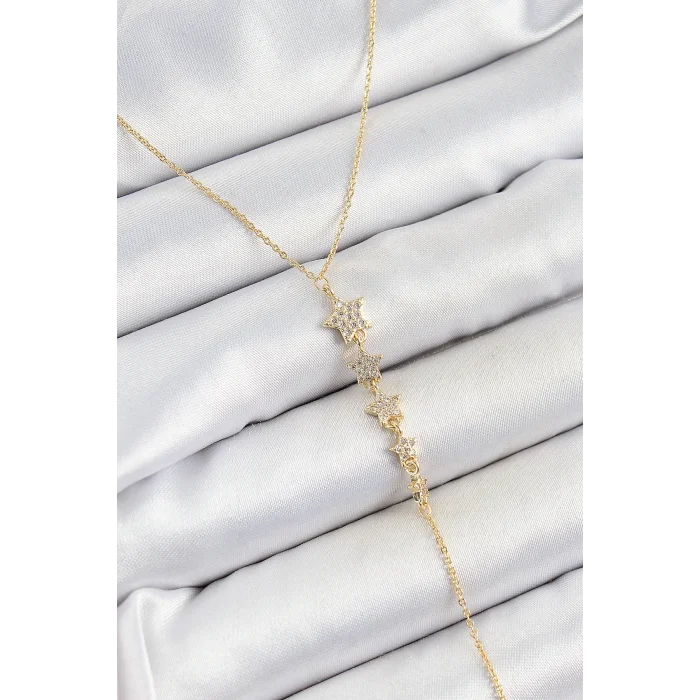 Pirinç Zirkon Taşlı Sıralı Yıldız Figürlü Y Model Gold Renk Kadın Kolye