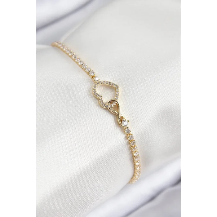 Pirinç Zirkon Taşlı Sonsuzluk Kalp Model Gold Renk Kadın Bileklik