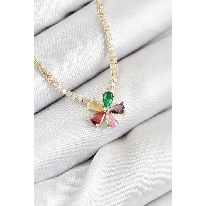 Pirinç Zirkon Taşlı Su Yolu Asorti Çiçek Model Gold Renk Kadın Kolye