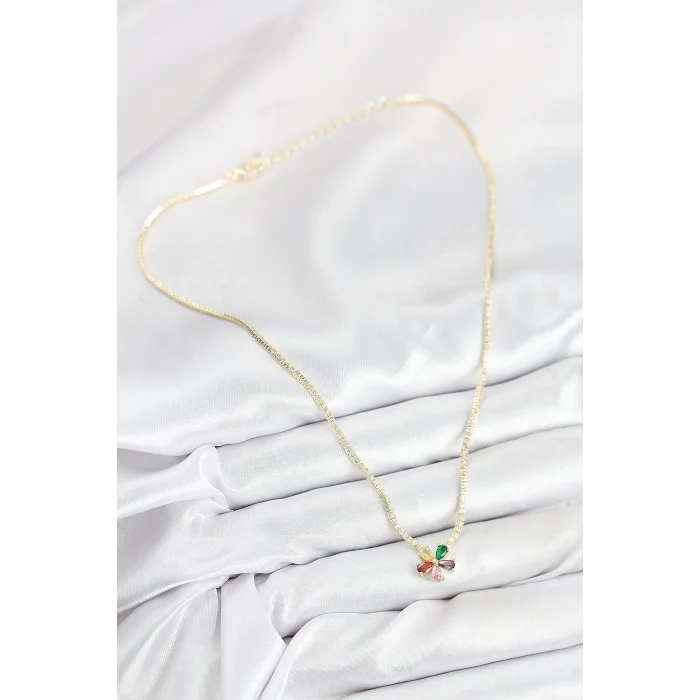 Pirinç Zirkon Taşlı Su Yolu Asorti Çiçek Model Gold Renk Kadın Kolye