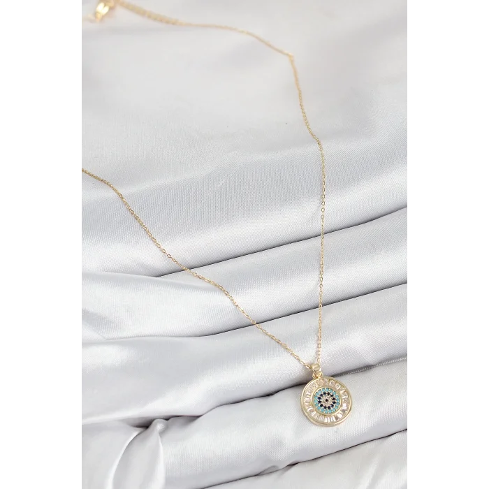 Pirinç Zirkon Taşlı Su Yolu Nazar Model Gold Renk Kadın Kolye