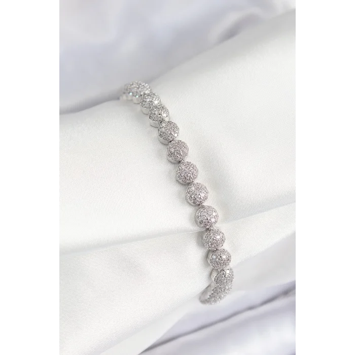 Pirinç Zirkon Taşlı Yarım Topcuk Model Gümüş Renk VIP Seri Kadın Bileklik