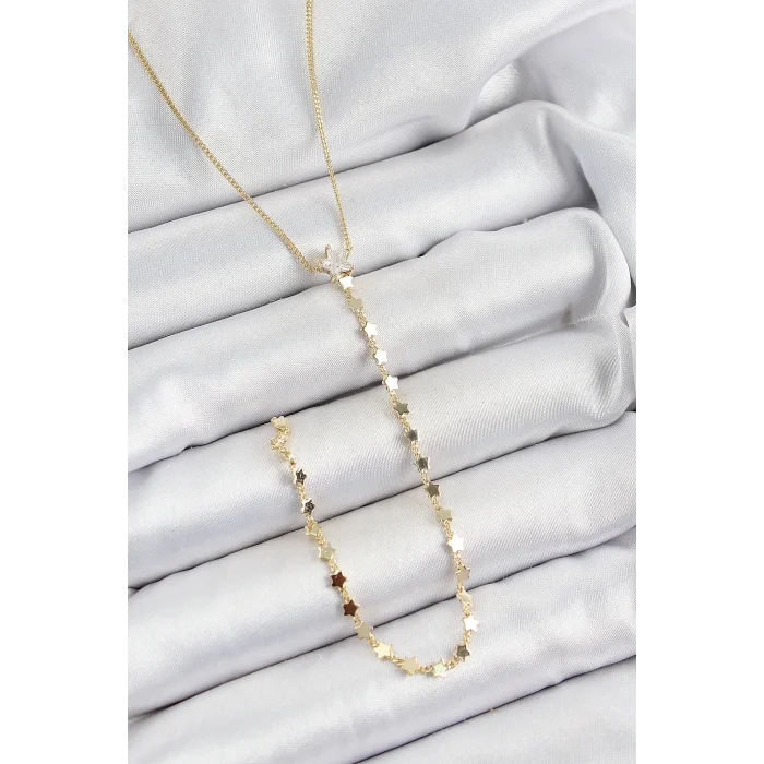 Pirinç Zirkon Taşlı Yıldız Figürlü Y Model Gold Renk Kadın Kolye