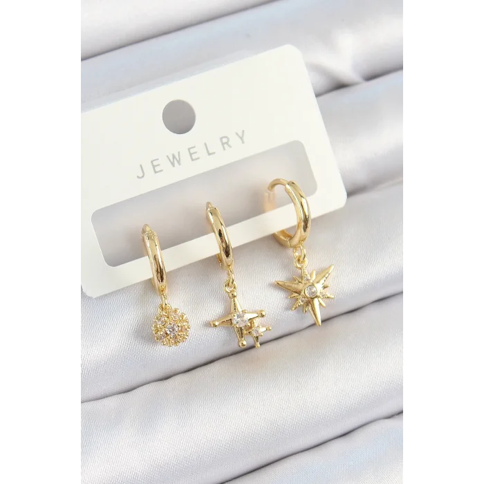 Pirinç Zirkon Taşlı Yıldız Model Gold Renk 3lü Çift Kadın Küpe Set