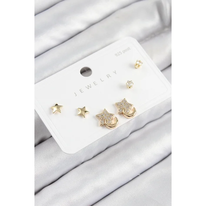 Pirinç Zirkon Taşlı Yıldız Model Gold Renk 925 Ayar Gümüş Çivi Kadın Küpe Set