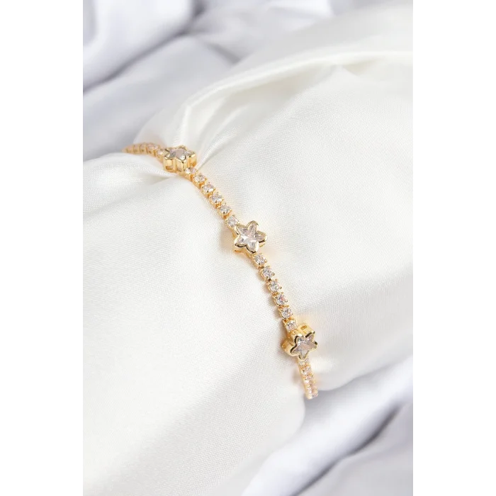 Pirinç Zirkon Taşlı Yıldız Model Gold Renk Asansörlü Kadın Bileklik
