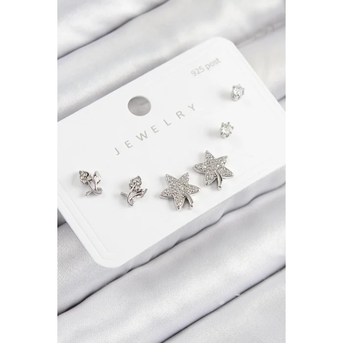 Pirinç Zirkon Taşlı Yıldız Ve Gül Model Gümüş Renk 925 Ayar Gümüş Çivi Kadın Küpe Set