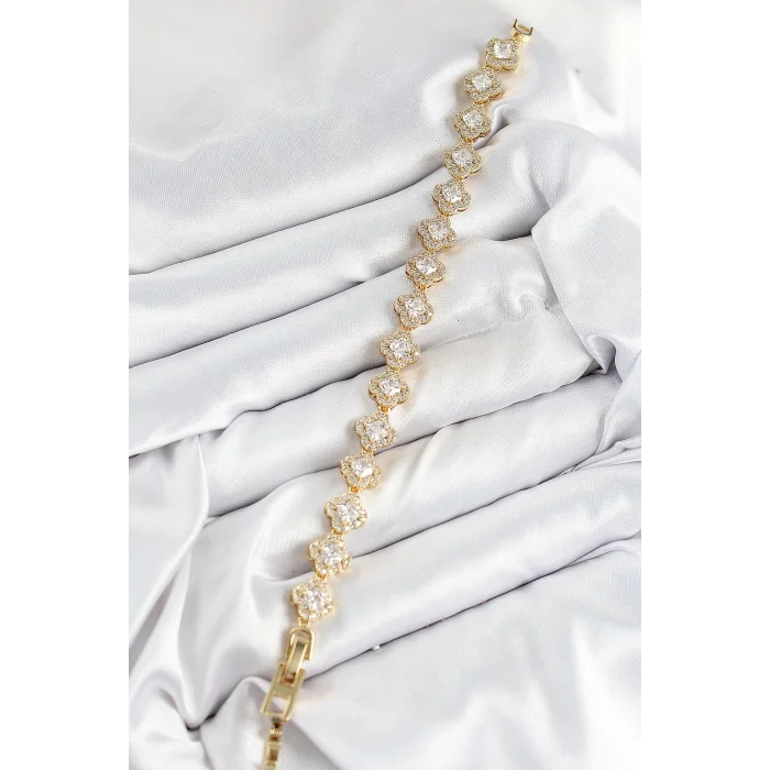 Pirinç Zirkon Taşlı Yonca Baget Model Gold Renk VIP Seri Kadın Bileklik