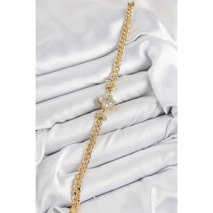 Pirinç Zirkon Taşlı Yonca Model Gold Renk Kadın Bileklik