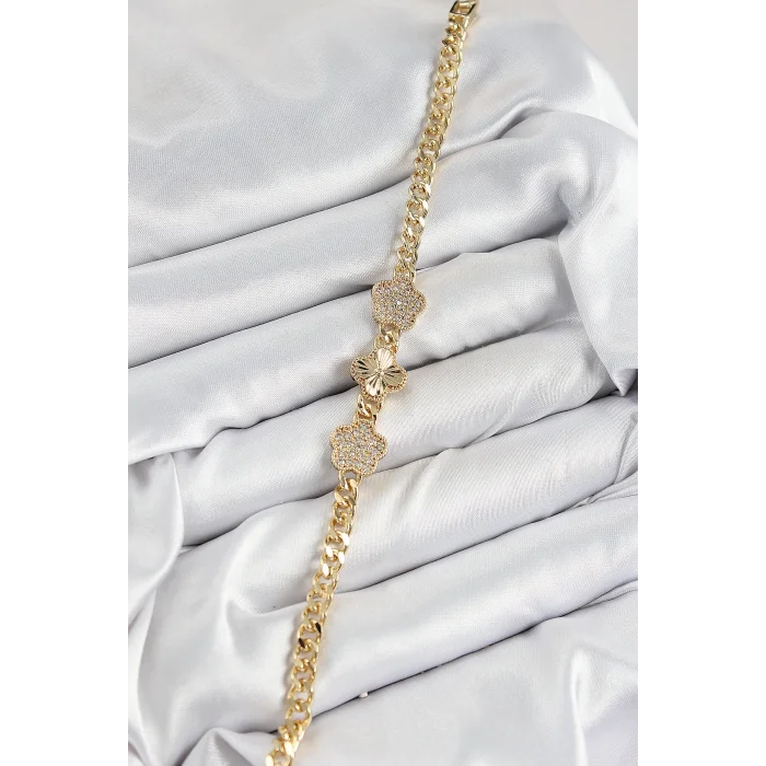 Pirinç Zirkon Taşlı Yonca Model Gold Renk Kadın Bileklik