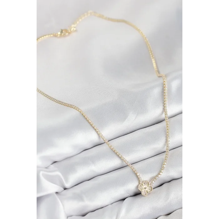Pirinç Zirkon Taşlı Yonca Model Gold Renk Kadın Kolye