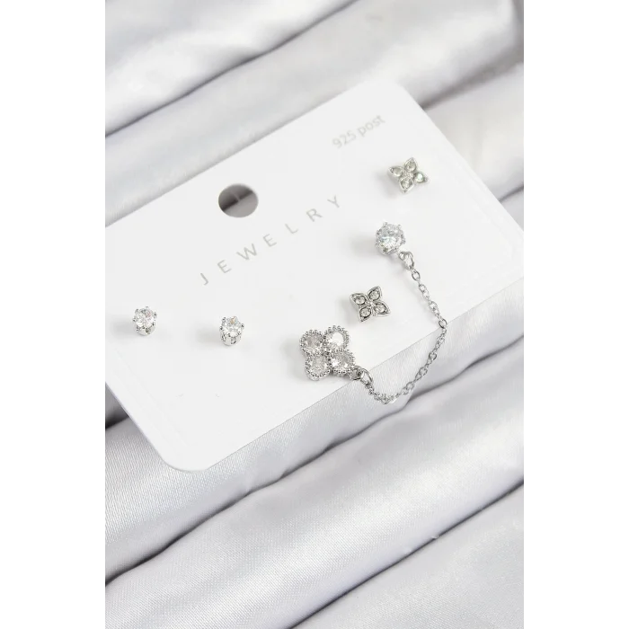 Pirinç Zirkon Taşlı Yonca Model Gümüş Renk 925 Ayar Gümüş Çivi Kadın Küpe Set
