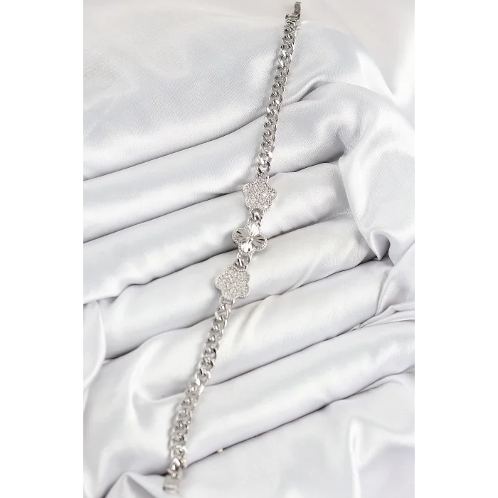 Pirinç Zirkon Taşlı Yonca Model Gümüş Renk Kadın Bileklik