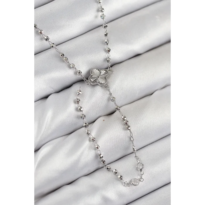 Pirinç Zirkon Taşlı Yonca Model Gümüş Renk Kadın Y Kolye