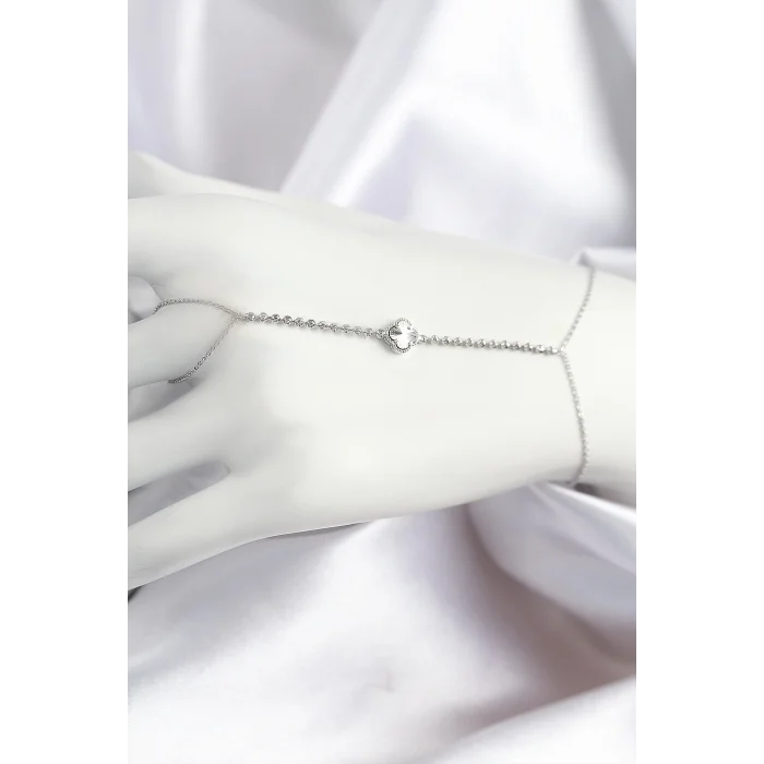 Pirinç Zirkon Taşlı Yonca Model Gümüş Renk Şahmeran