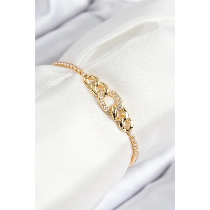 Pirinç Zirkon Taşlı Zincir Model Gold Renk Asansörlü Kadın Bileklik