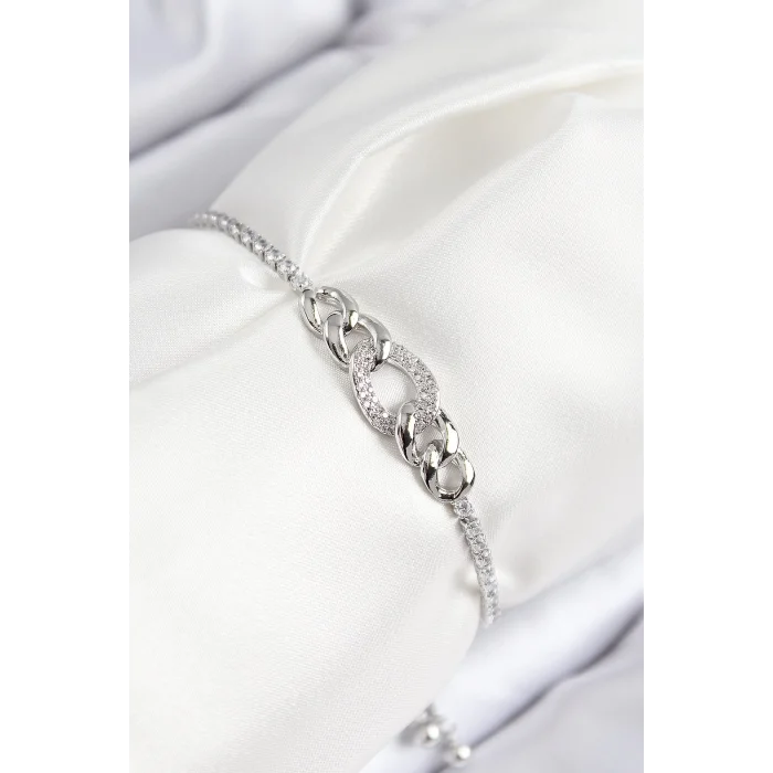Pirinç Zirkon Taşlı Zincir Model Gümüş Renk Asansörlü Kadın Bileklik