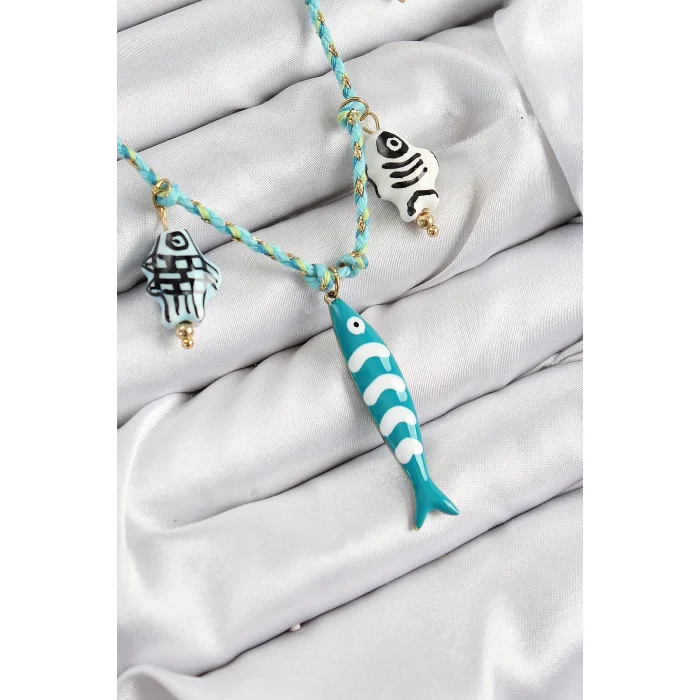 Seramik Motifli Balık Figürlü Model Mavi İp Kadın Kolye