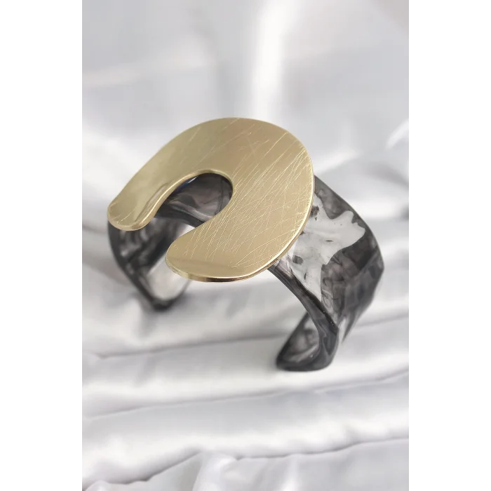 Siyah Mermer Desen Akrilik Plastik Gold Nal Model Plaka Vintage Kadın Bilezik