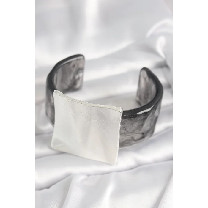 Siyah Mermer Desen Akrilik Plastik Gümüş Kare Plaka Model Vintage Kadın Bilezik