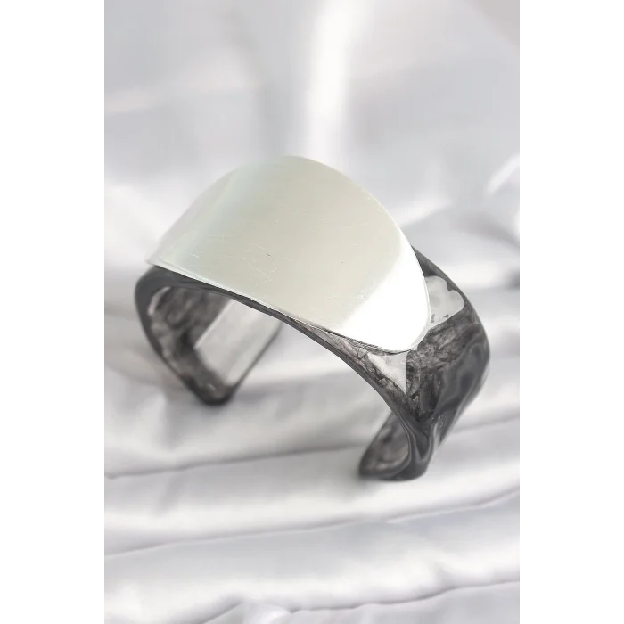 Siyah Mermer Desen Akrilik Plastik Gümüş Oval Plaka Model Vintage Kadın Bilezik