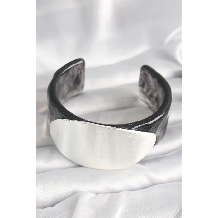 Siyah Mermer Desen Akrilik Plastik Gümüş Oval Plaka Model Vintage Kadın Bilezik