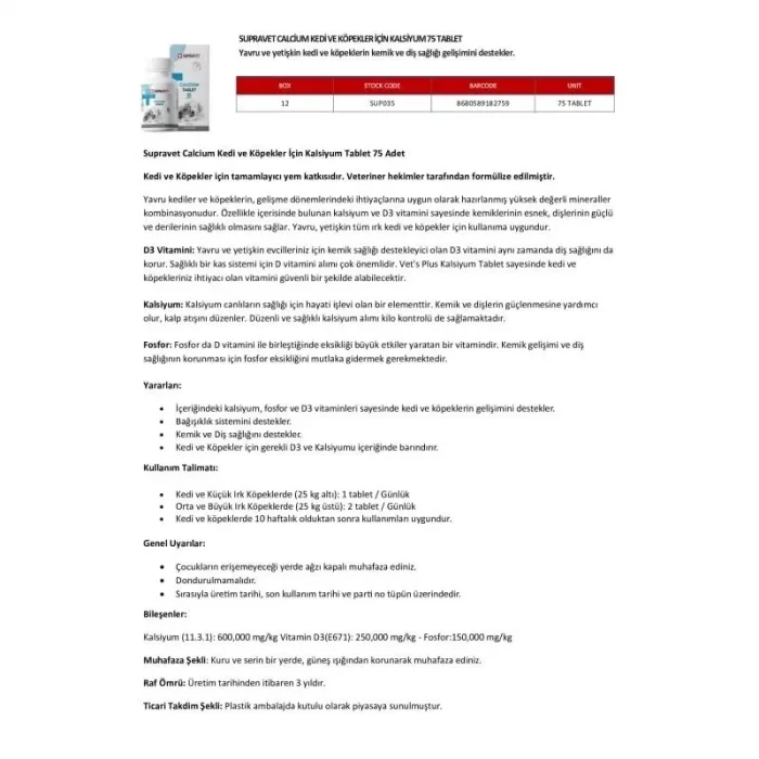 Supravet Calcium Kedi ve Köpekler İçin Kalsiyum Vitamin Tablet 75 Adet