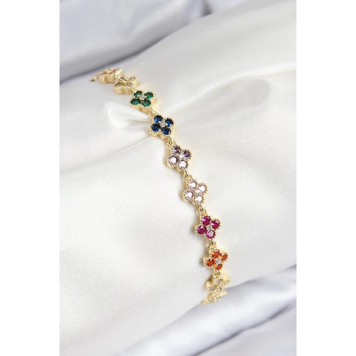 VIP Pirinç Renkli Zirkon Taşlı Yonca Model Gold Renk Kadın Bileklik