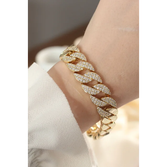 Vip Seri Pirinç Ortası Zirkon Taşlı Gold Renk Gurmet Bileklik