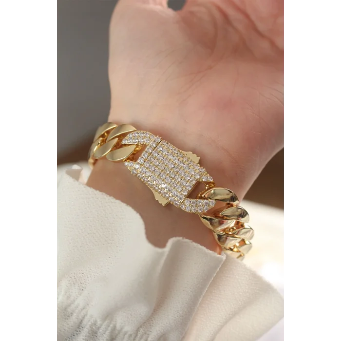 Vip Seri Pirinç Ortası Zirkon Taşlı Gold Renk Gurmet Bileklik