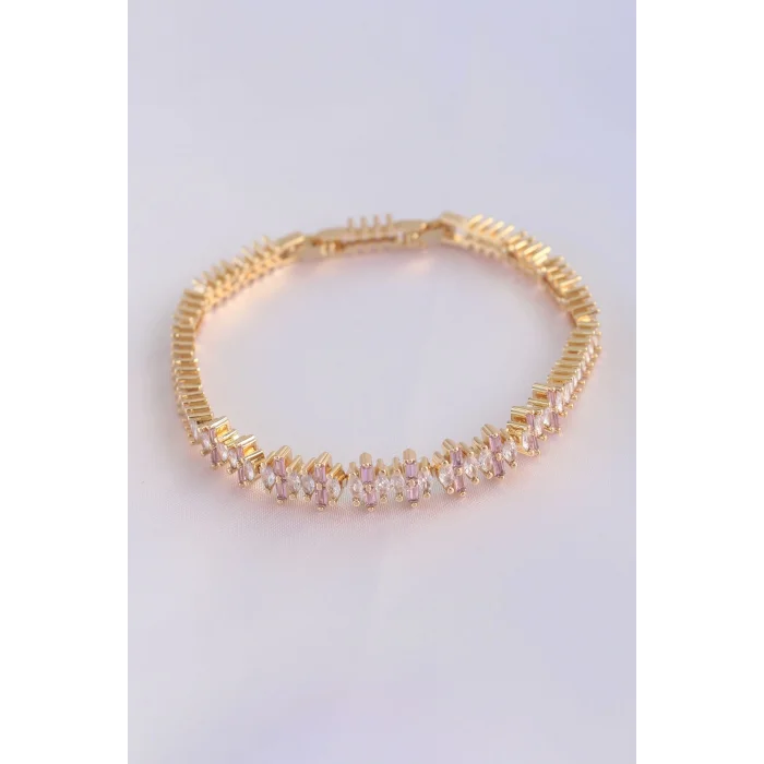 Vip Seri Pirinç Pembe Zirkon Taşlı Gold Renk Baget Model Bileklik