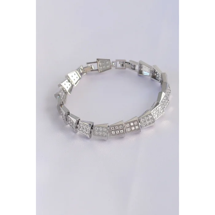 Vip Seri Pirinç Zirkon Taşlı Gümüş Renk Geometrik Bileklik