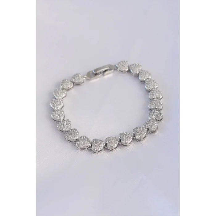 Vip Seri Pirinç Zirkon Taşlı Gümüş Renk Kalp Model Bileklik