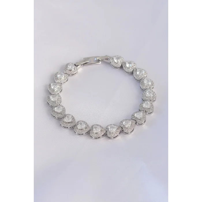 Vip Seri Pirinç Zirkon Taşlı Gümüş Renk Kalp Model Bileklik