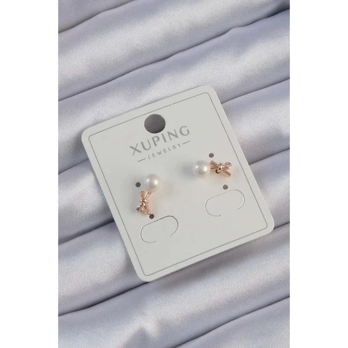 Xuping Rose Renk Zirkon Taşlı İncili Minimal Fiyonk Küpe