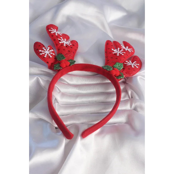 Yılbaşı Temalı Kar Tanesi İşleme Detay Geyik Boynuzu Figürlü Taç