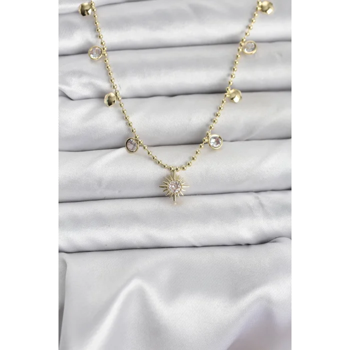 Zirkon Taşlı Kutup Yıldızı Model Pirinç Gold Renk Kadın Kolye