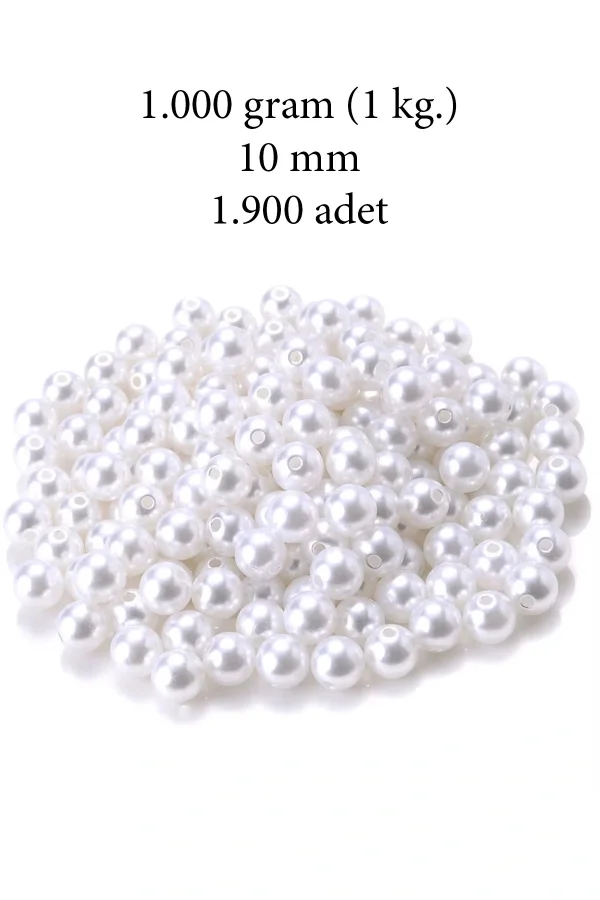1.000 gram (1 kg.) 10mm Beyaz Renk Plastik İnci Boncuk Çanta ve Takı Yapım Boncuğu (~1.900 adet)