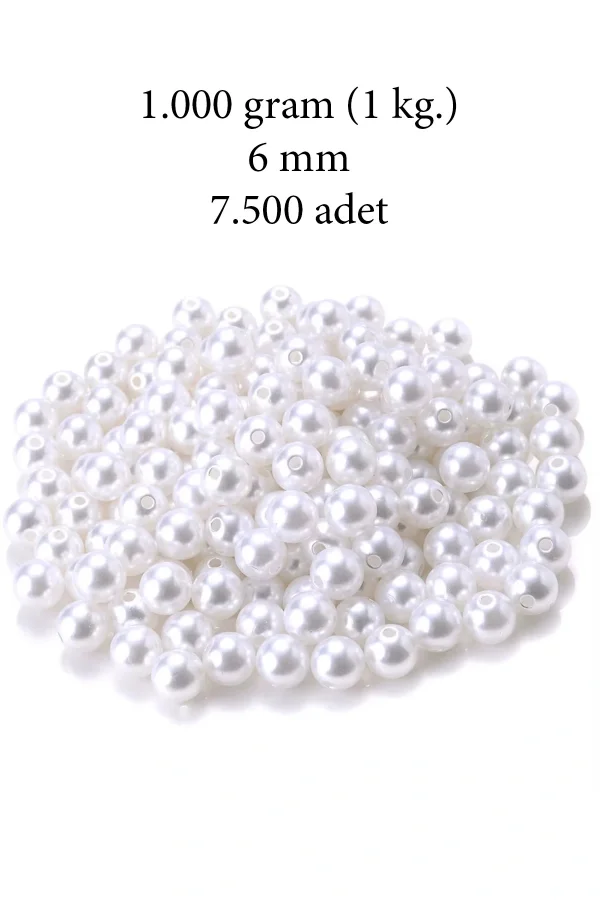 1.000 gram (1 kg.) 6mm Beyaz Renk Plastik İnci Boncuk Çanta ve Takı Yapım Boncuğu (~7.500 adet)