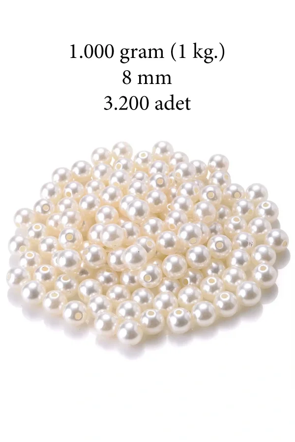 1.000 gram (1 kg.) 8mm Krem Renk Plastik İnci Boncuk Çanta ve Takı Yapım Boncuğu (~3.200 adet)