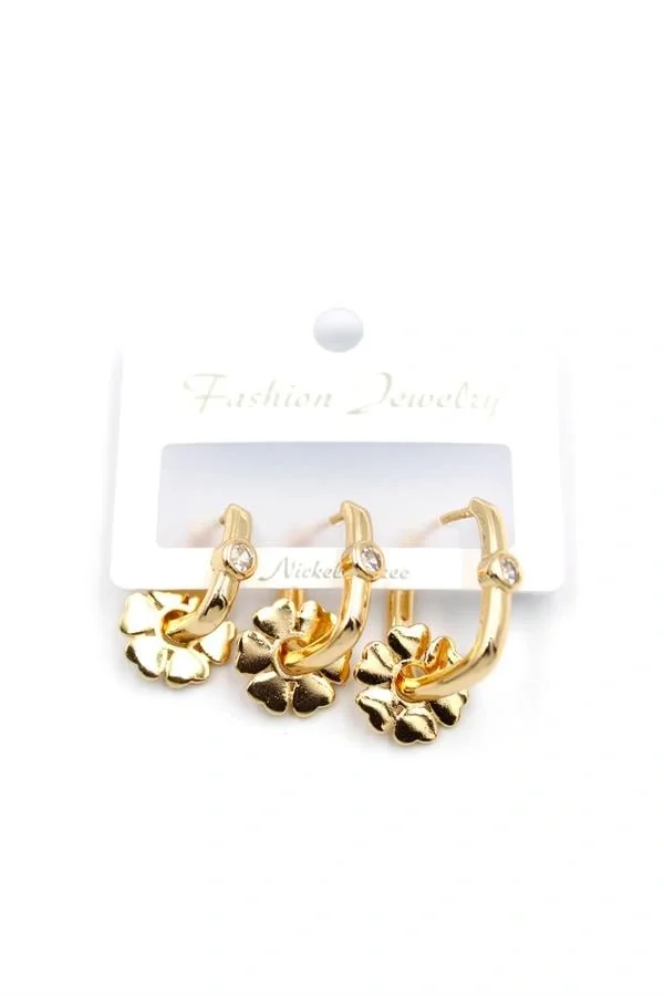 3lü Çiçek Küpe - Altın