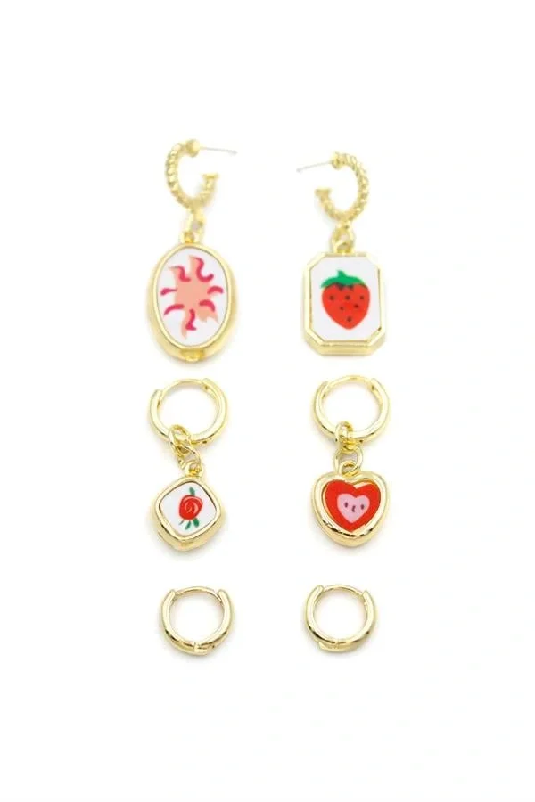 3lü Çilek Set Küpe - Altın