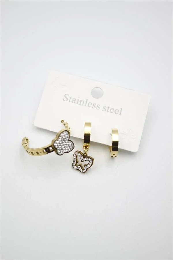 3lü Kelebek Küpe - Altın