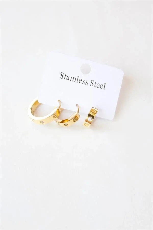 3lü Taşlı Çelik Halka Küpe - Altın