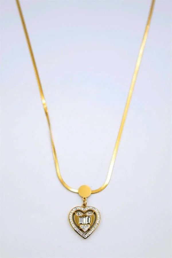 Baget Taşlı  Kalp Kolye - Altın