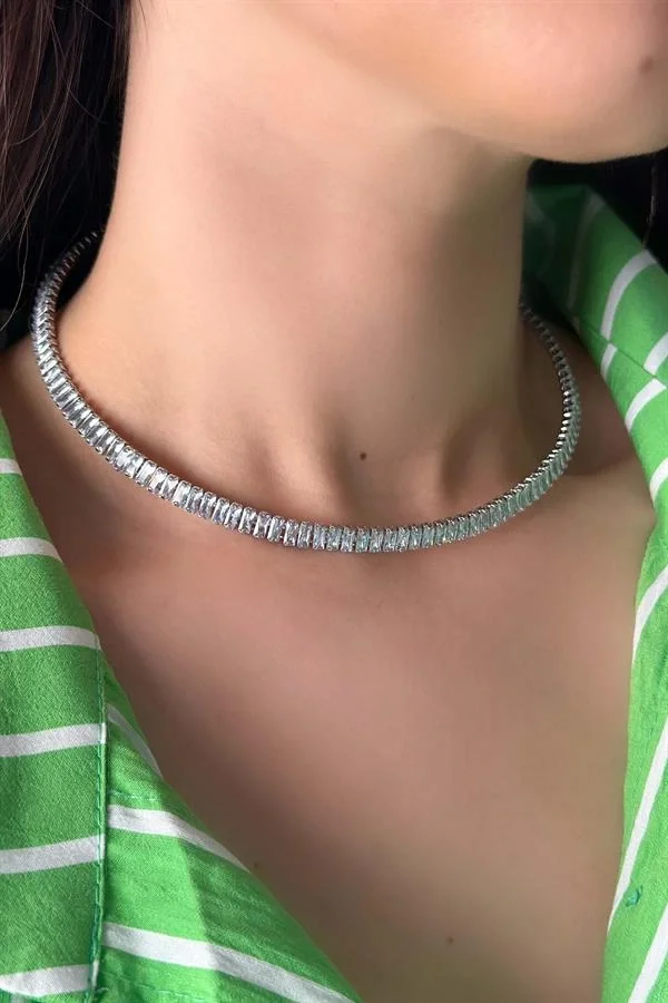 Baget Taşlı Tasma Kolye - Gümüş