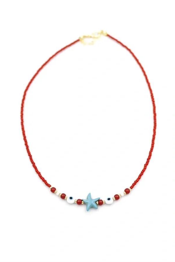 Boncuk Deniz Yıldzı Kolye - Kırmızı