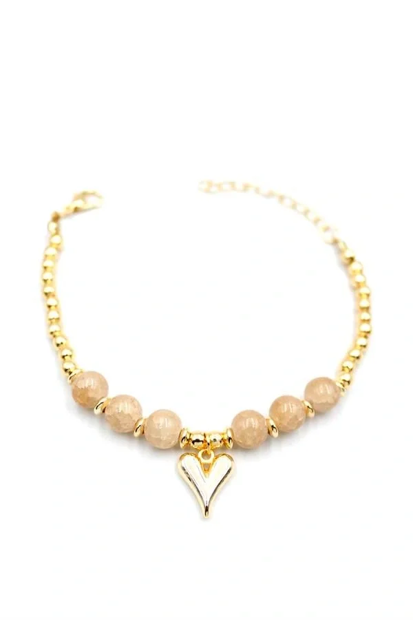 Boncuklu Kalp Bileklik - Krem